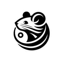 Black White Mouse A stylized minimalist featuring a mouse silhouette integrated with a Yin Yang symbol in a rounded shape, portraying harmony. vector