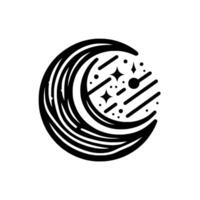 Stylized Crescent Moon Embracing Cosmic Elements A Minimalist Black and White Illustration with Stars, Comets and Dots. vector