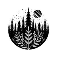 A monochromatic, circular featuring a stylized forest scene with silhouetted pine trees, leafy foreground, striped sun, and a scattering of dots. vector