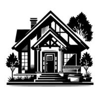 Stylized Black and White Illustration of a Charming Home Featuring Porch, Trees, Chimney, and Lush Landscaping. vector
