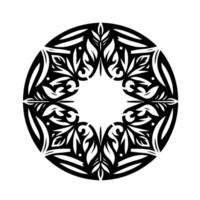 Intricate black and white circular floral pattern with a starshaped central void, creating a symmetrical and stylized on a white background. vector