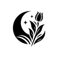 A stylized black and white floral featuring a crescent moon, two stars, and a budding flower with leaves, evoking a sense of serenity and natural elegance. vector
