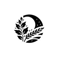 Black and White Circular Foliage and Crescent Moon Silhouette Within a Border, Minimalist Aesthetic. vector