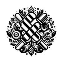 Black and white symmetrical circular artwork of crossed popsiclelike shapes adorned with botanical and ornamental elements. vector