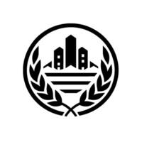A minimalist black and white emblem, featuring a city skyline with three buildings and wheatlike laurels within a circular frame, signifying urban growth or community. vector