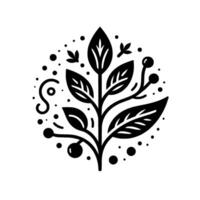 Bold Black and White Botanical Illustration Featuring Stylized Leaves, Berries, and Decorative Elements with Minimalist Aesthetic. vector