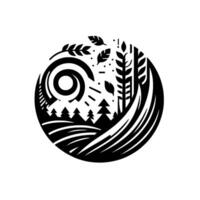 A minimalist black and white naturethemed circular emblem featuring stylized trees, leaves, fields, and abstract spiral elements. vector
