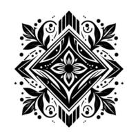 Symmetrical black and white ornamental featuring diamond pattern, floral elements, leaves, and geometric details on a white background. vector