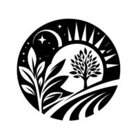 A stylized monochrome circular depicting a landscape with a tree, fields, night and day elements, representing growth, harmony, and the passage of time. vector