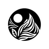 Symbolic black and white illustration of natures balance, a circular with stylized leaves, a moon, and organic flowing forms. vector