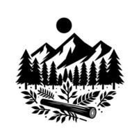 Black and white nature illustration a mountain range, a sun, dense evergreen trees, foliage, and a log within an oval frame. vector
