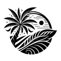 Intricate Black and White Tropical Island , Featuring Palm Tree, Sun, and Decorative Foliage Within a Circular Frame vector