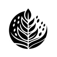 Abstract black and white featuring a stylized leaf and grain motif within a circular shape. vector