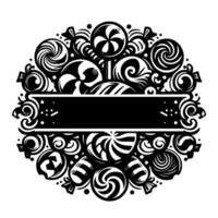 Intricate Monochrome Candy Collage with a Blank Banner. Featuring Lollipops, Swirls, and Various Candies, forming an ornate, decorative oval , ready for text placement. vector
