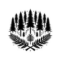 A stylized black and white forest silhouette, featuring pine trees, crossed axes, and foliage arranged within a circular composition, evoking a sense of natures tranquility and wilderness. vector