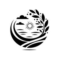 A stylized monochrome emblem of nature, a circular composition features the sun, sea, clouds, and foliage. vector