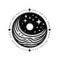 A monochromatic cosmic yin yang symbol showcasing a celestial nightscape with stars, crescent moons, and an ethereal, abstract , against a pure white backdrop. vector