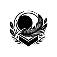 Intricate black and white emblem featuring a stylized feather and sunlike form, framed with botanical and geometric accents. vector