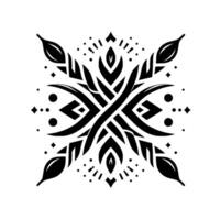 Symmetrical Black and White Floral Geometric Mandala with Curvilinear and Angular Elements, Dot Embellishments, and Ornamental Details. vector