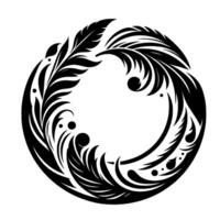 A stylized symmetrical circular ornament, formed by stylized feathers and leaves, with a black and white contrasting composition. vector