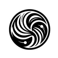 A black and white circular featuring stylized, curved shapes reminiscent of a flowing symbol, with white highlights and dot accents, centered on a stark white background. vector