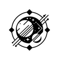 Geometric Black White Celestial Illustration Planets, Stars, and Abstract Space Elements in a Modern, Circular Composition. vector