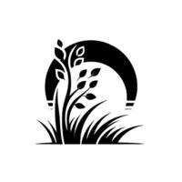 Minimalist Black and White of a Plant with Leaves Emerging from Grass Against a SemiCircular Abstract Backdrop. vector