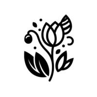 Minimalist Black and White Floral featuring a stylised flower with leaves, dots, and curved elements, set against a white background, evoking natures simplicity. vector