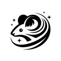 A stylized black and white illustration featuring a rat or mouse head with ornamental swirls and starburst elements, giving a whimsical feel. vector