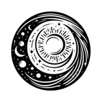 A celestial black and white illustration, depicting the cosmos within a circle. It showcases a central sun, surrounded by swirling lines and celestial bodies like moons, stars, and dots. vector
