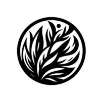 A stylized black and white emblem featuring a symmetrical arrangement of leaflike forms within a circular border, showcasing a minimalist . vector