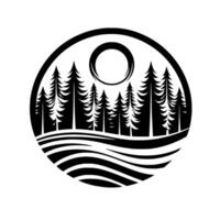 A stark black and white minimalist landscape illustration of a forest, sun, and rolling hills contained within a circular frame, evoking a sense of tranquility. vector