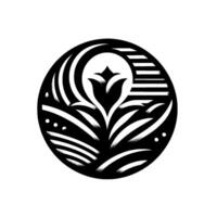 Stylized Black and White Floral Within a Circle A symmetrical composition of a flower with layered petals and curved leaves against a stark white background. vector