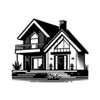 A stylized black and white illustration of a modern house featuring a balcony, large windows, and a chimney, surrounded by minimalist landscaping. vector
