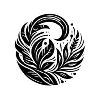 A symmetrical, stylized black and white circular depicting leaves, stylized wheat and flowing lines, with a minimalist aesthetic. vector