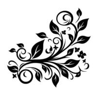 Graceful Black Floral Intricate Leaves, Curlicues, and Tiny Flowers Adorn a White Background, Creating a Classic Decorative Motif. vector