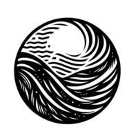 A minimalist black and white circular , depicting stylized ocean waves and a small, whitefilled swirling vortex, set against a blank background. vector
