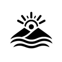 Silhouette of a mountain range with the sun rising above, reflected in the sea, represented in a minimalist, clean style with solid black against white. vector