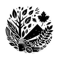 A circular black and white illustration of a Canadian landscape with elements including leaves, trees, a mountain, a log, a cup and a maple leaf. vector