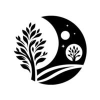 A stylized black and white illustration featuring a tree juxtaposed with a crescent moon and night sky, depicting natures balance. vector