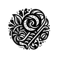 Intricate Black and White Floral Arrangement, Decorative Circular with Swirls, Leaves, and Dots on White Background. vector