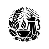 Black and White Circular Coffee Illustration Cup, Percolator, Beans, Steam, Leaves, and Ray Burst, Representing Morning Ritual. vector