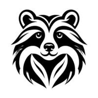 A symmetrical, stylized illustration of a raccoons head, featuring bold black, white, and gray geometric shapes to create a clean and modern . vector