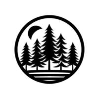 A black silhouette of a forest scene with pine trees and a crescent moon set within a circular frame, on a white background. vector