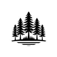 Silhouette of a forest scene featuring five coniferous trees against a stark white background, creating a minimalist nature illustration with horizontal lines at the base. vector