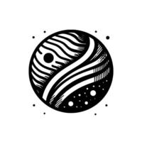 Abstract monochrome artwork depicting a stylized planet with curved and linear patterns, a celestial body surrounded by smaller dotlike elements, symbolizing an otherworldly . vector