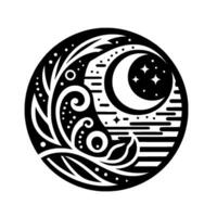 Symbolic black and white circular featuring a crescent moon, stars, floral elements, and linear patterns, evoking a celestial and natural harmony. vector