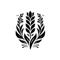 Symmetrical Black White Floral Featuring a Central Upright Spikelike Element and Delicate Foliage on a Clean White Canvas. vector