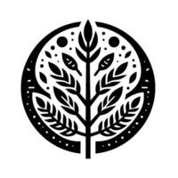 Minimalist Black and White Nature Illustration Stylized Tree with Leaves and Dots within a Circular Frame. vector