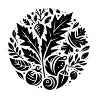 A circular minimalist botanical illustration with intricate details, featuring leaves, fruits, and seed pods, in contrasting black and white. vector